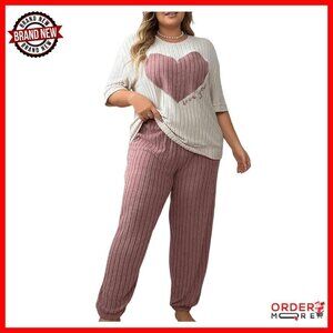 Plus Size Ribbed Pajama Set Half Sleeve Top & Pants Soft Lounge Wear